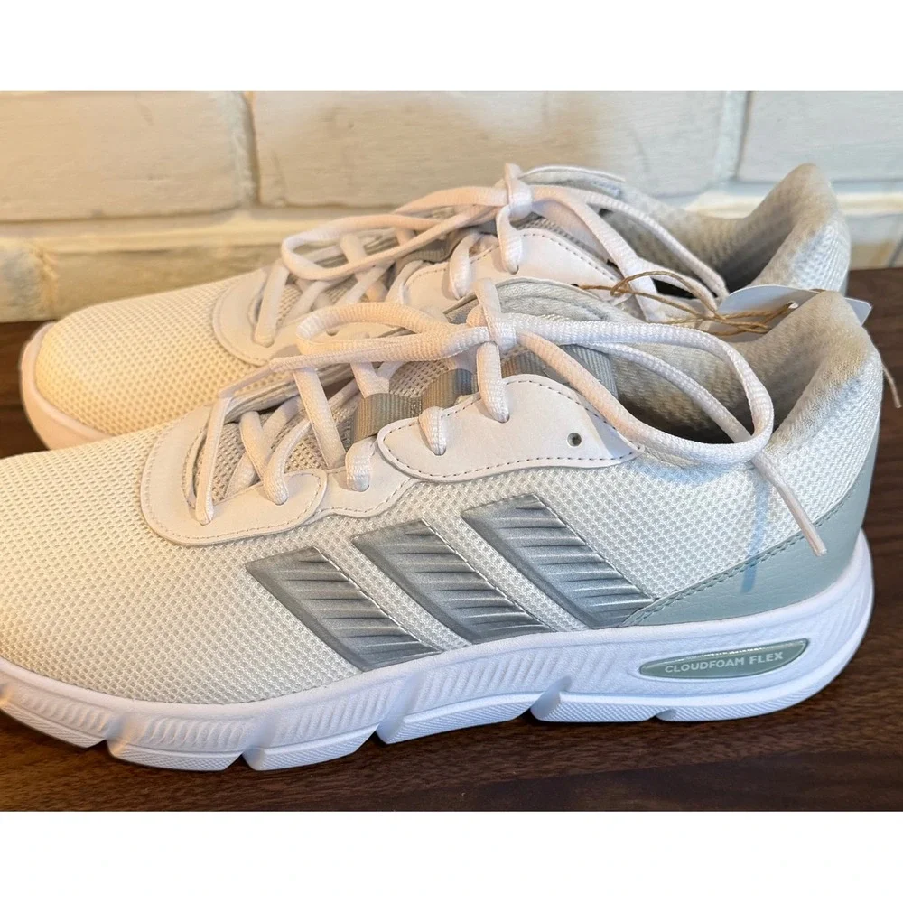 Adidas Cloudfoam Flex Laces Womens •8• White Silver Running Shoes Athleisure Gym